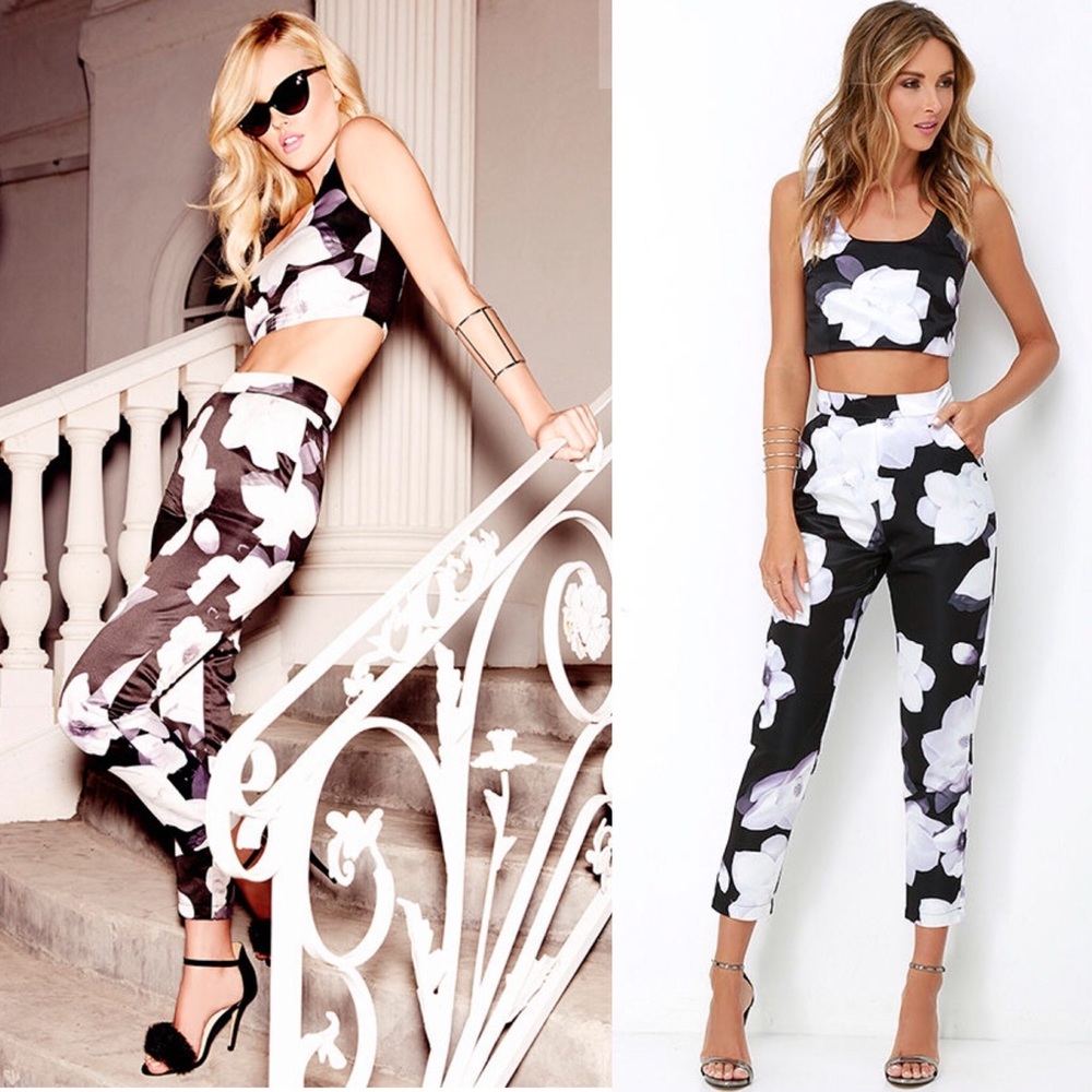 Lulu’s Tea Garden black floral two piece set (L)